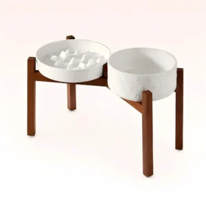 Elevated Ceramic Slow Feeder Dog Bowls with Acacia Wood Stand