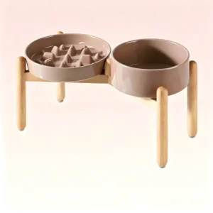 Ceramic Raised Slow Feeder with Wood Stand